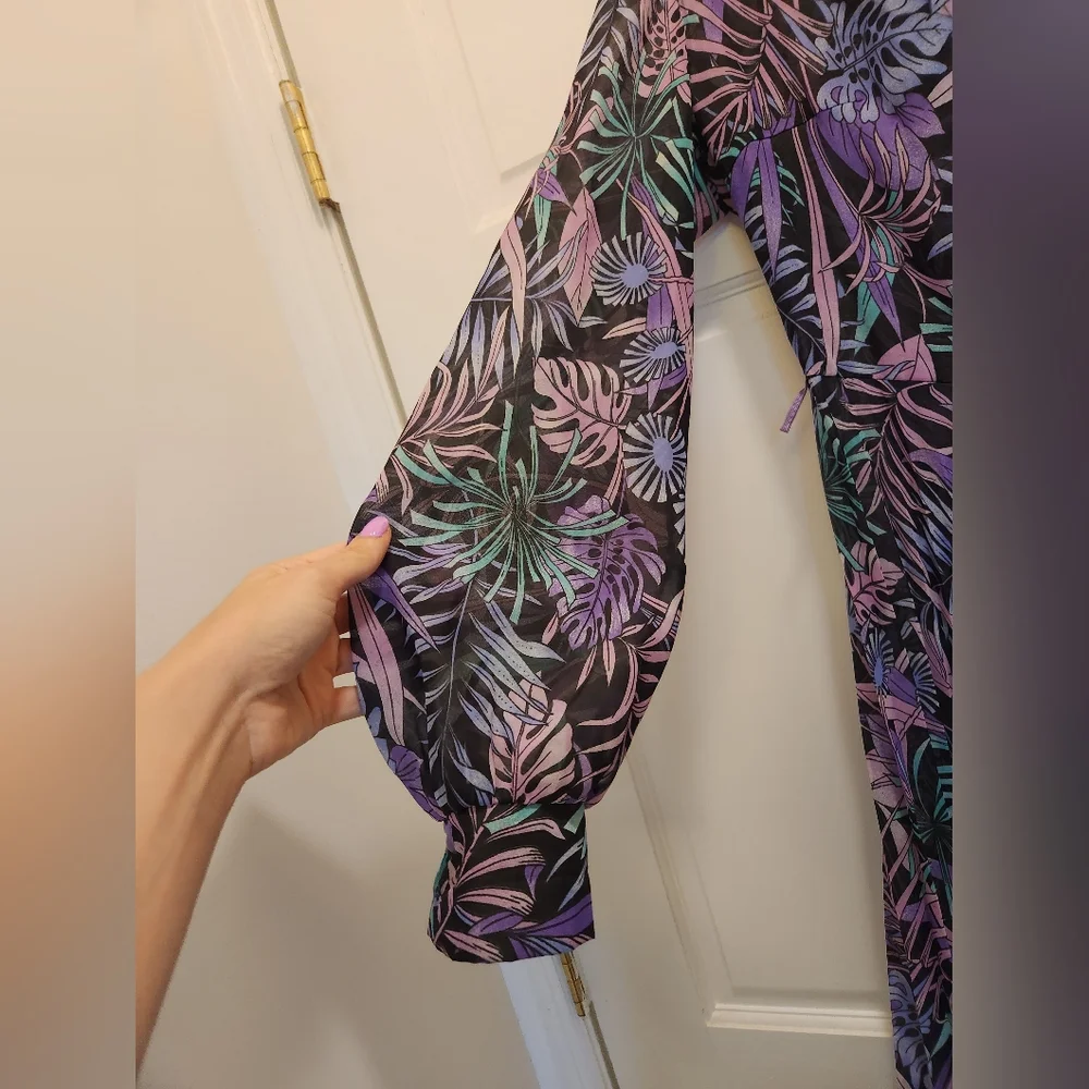 Vintage 70s 80s Tropical Floral Semi Sheer Long Sleeve Dress L - Picture 4 of 7